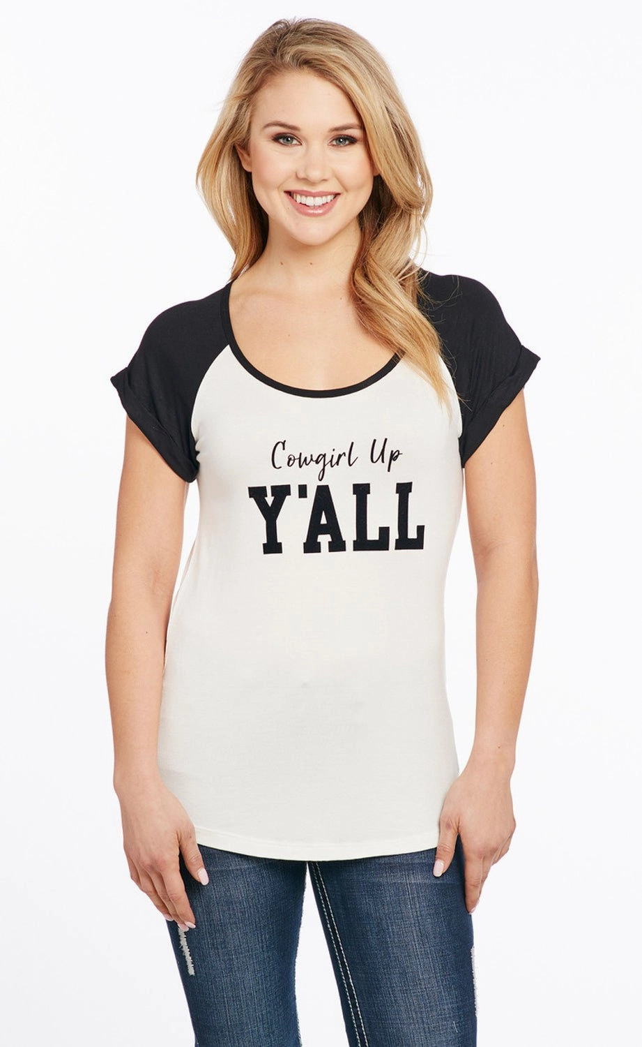 Lightweight texture Odorless Binding Tape Cowgirl Up Womens Yall Flocked White Rayon S/S T-Shirt