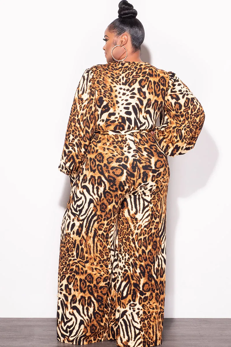 Final Sale Plus Size Faux Wrap Tie Jumpsuit in Brown Leopard Print Tagless Labeling