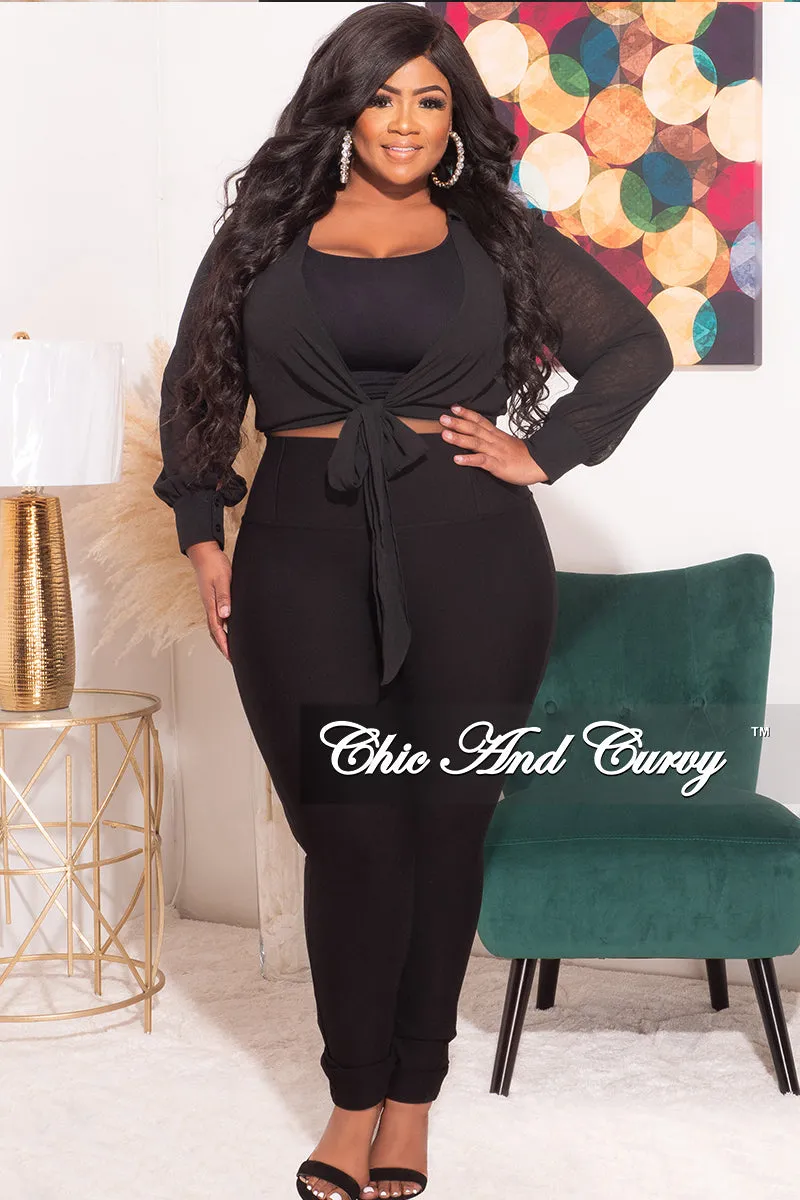 Office Friendly All Day Comfort Final Sale Plus Size Cropped Chiffon See-Thru Tie Top in Black