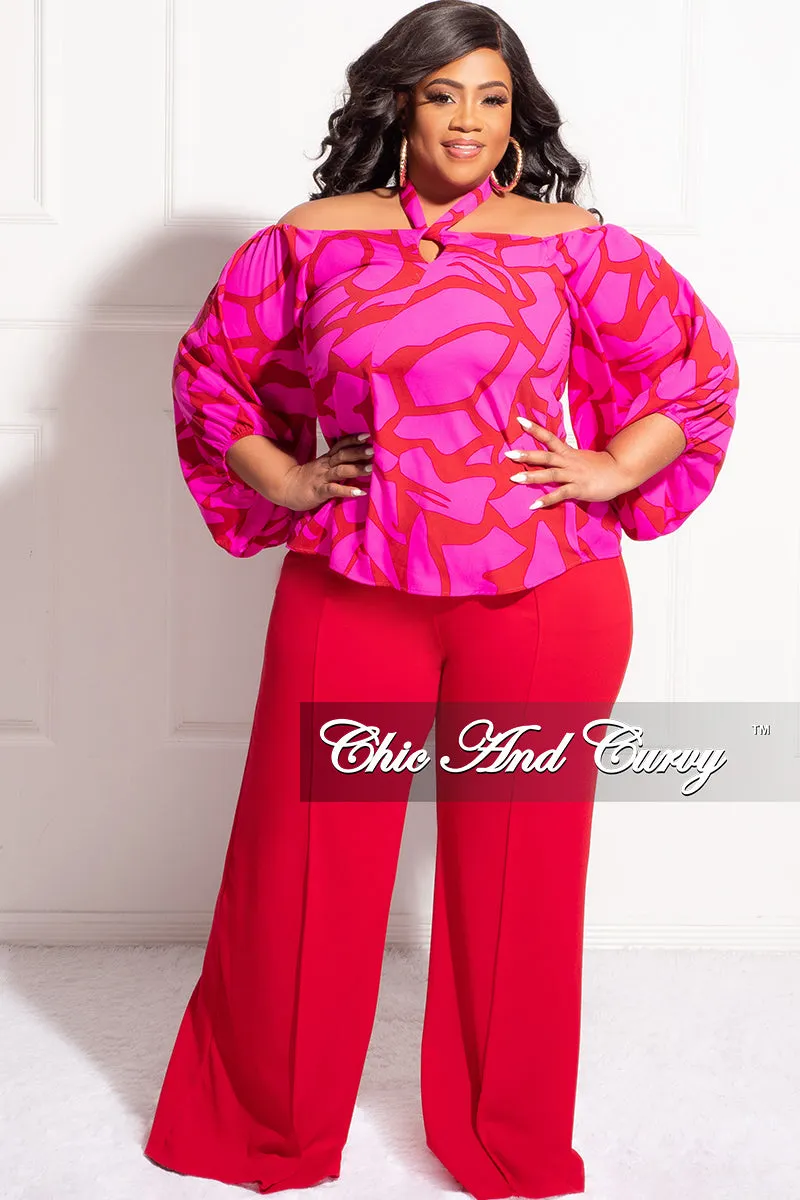 Final Sale Plus Size High-Waist Wide Leg Pants in Red Breathable Comfort Design Casual Layer Fit