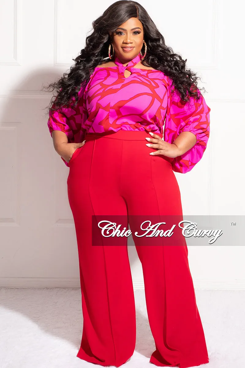 Final Sale Plus Size High-Waist Wide Leg Pants in Red Ready For Action BreathableMeshLining