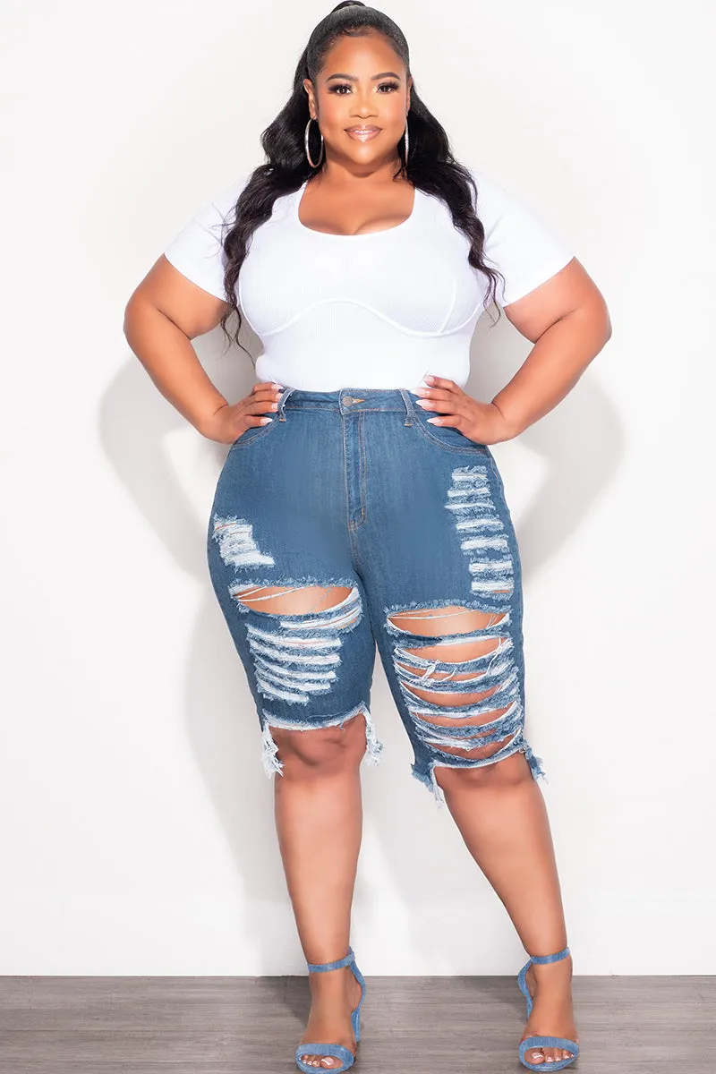 All terrain Practical Style Final Sale Plus Size Distress Bermuda Shorts in Dark Denim