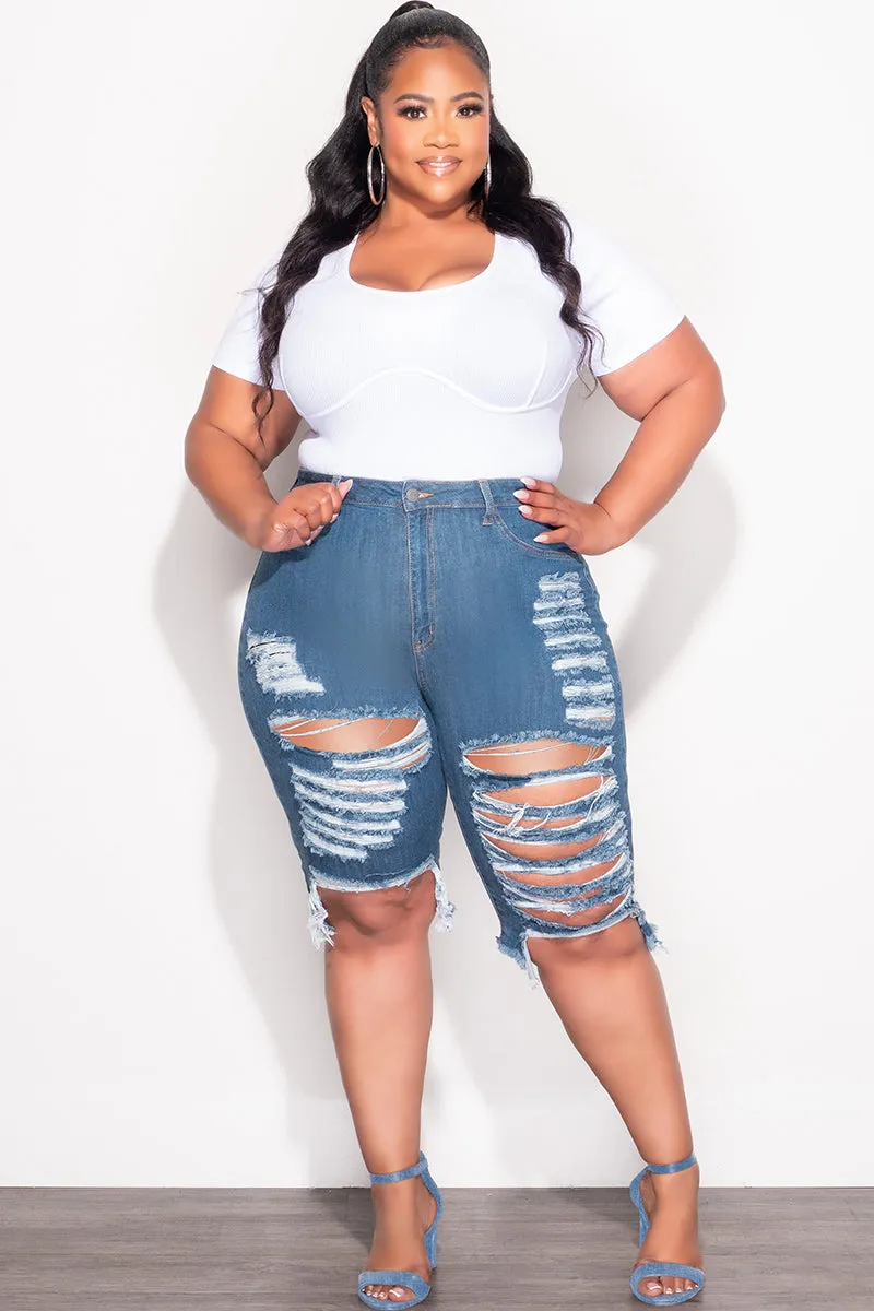Sweat Wicking Liner Cozy Stretch Final Sale Plus Size Distress Bermuda Shorts in Dark Denim