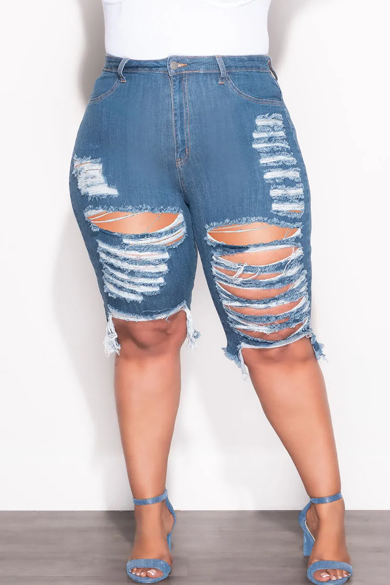 Final Sale Plus Size Distress Bermuda Shorts in Dark Denim Recyclable Fabric Blend