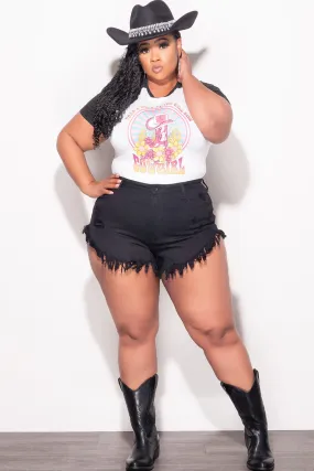 Reflective details Adventure Ready Final Sale Plus Size Distressed Fringe Shorts in Black Denim