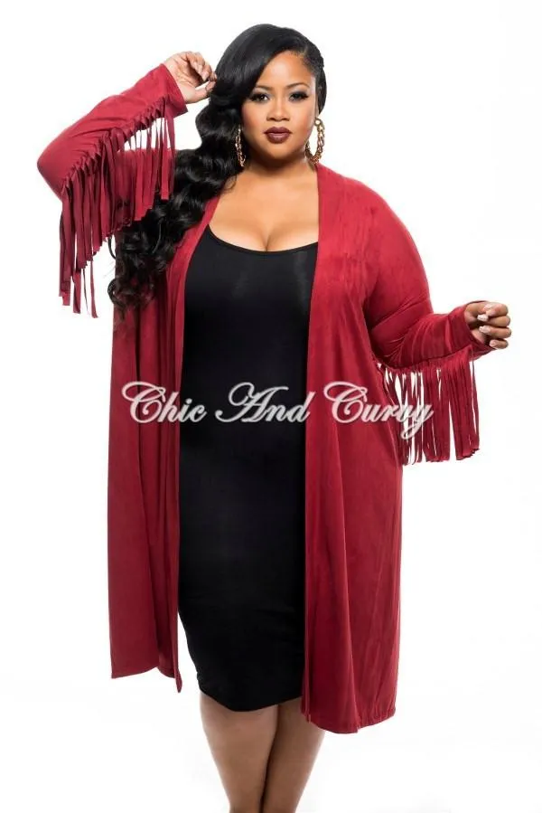Final Sale Plus Size Jacket in Faux Suede with Fringe Sleeves and Slit Back in Burgundy Durable Material Stretch Panel