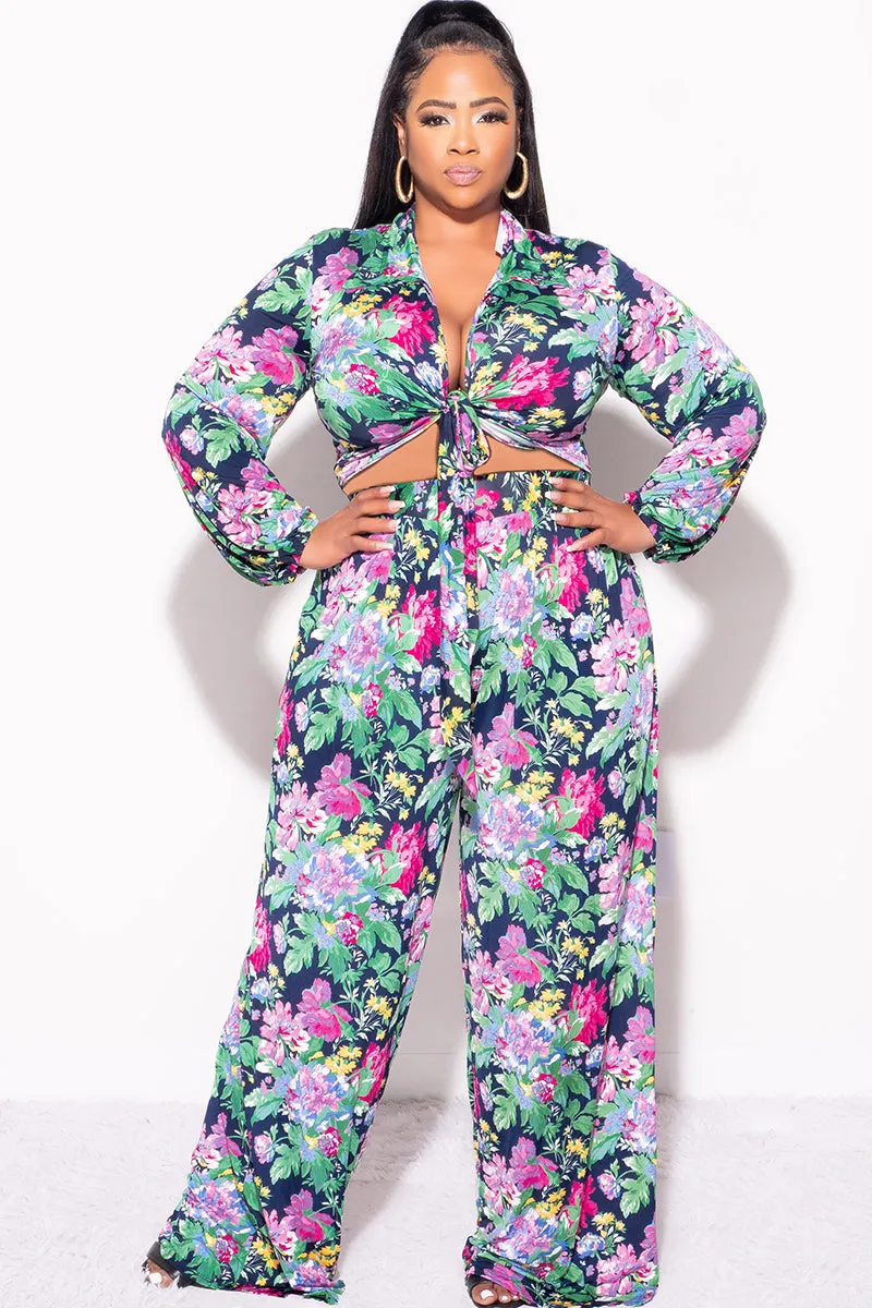 Final Sale Plus Size 2pc Collar Crop Faux Wrap Tie Top and Pants Set in Floral Multi Color Print Durable Seams Sport Wear Fit