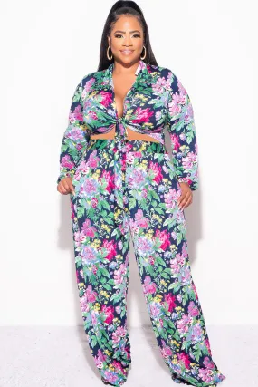 Comfort Stretch Final Sale Plus Size 2pc Collar Crop Faux Wrap Tie Top and Pants Set in Floral Multi Color Print