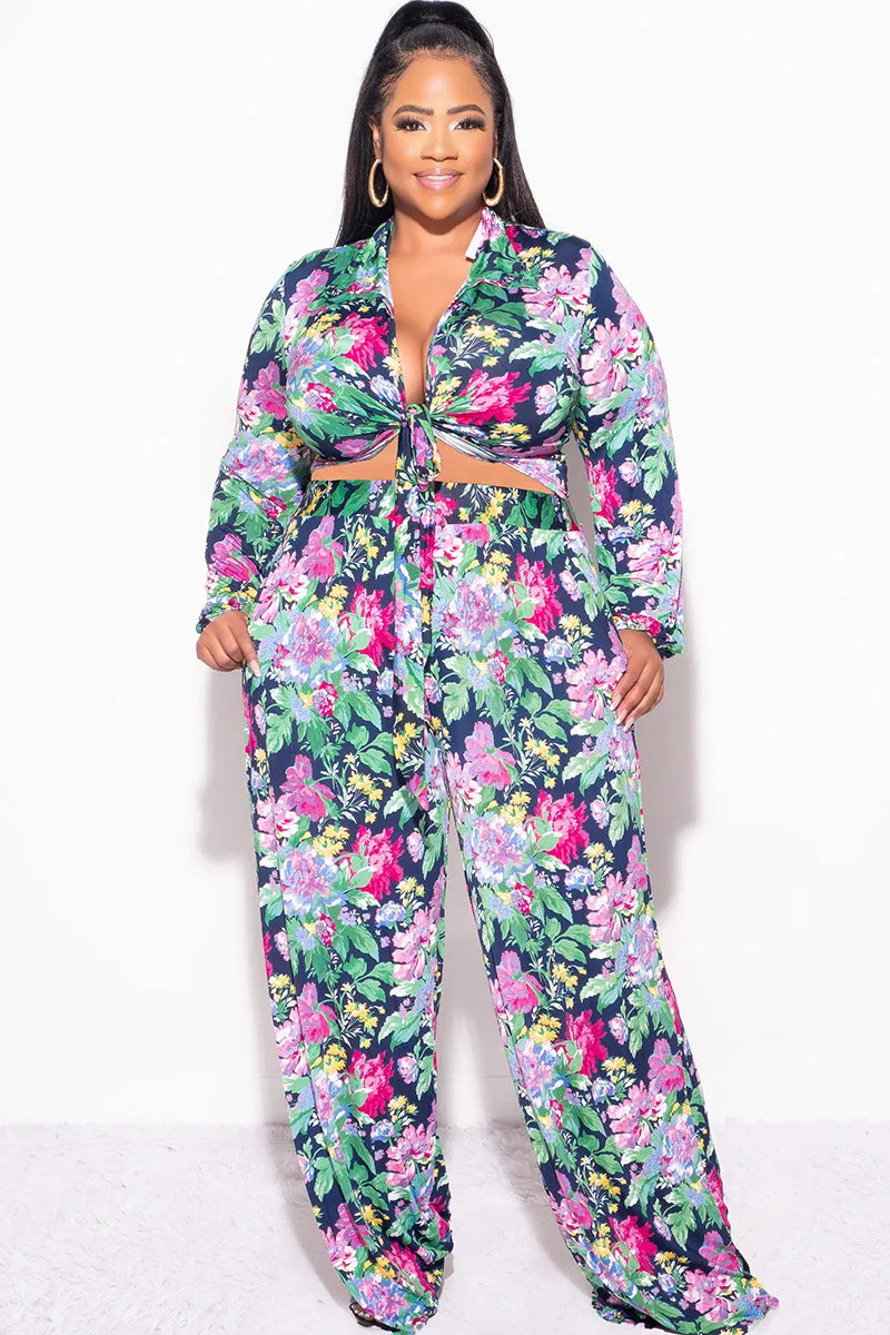 Final Sale Plus Size 2pc Collar Crop Faux Wrap Tie Top and Pants Set in Floral Multi Color Print Cozy Movement
