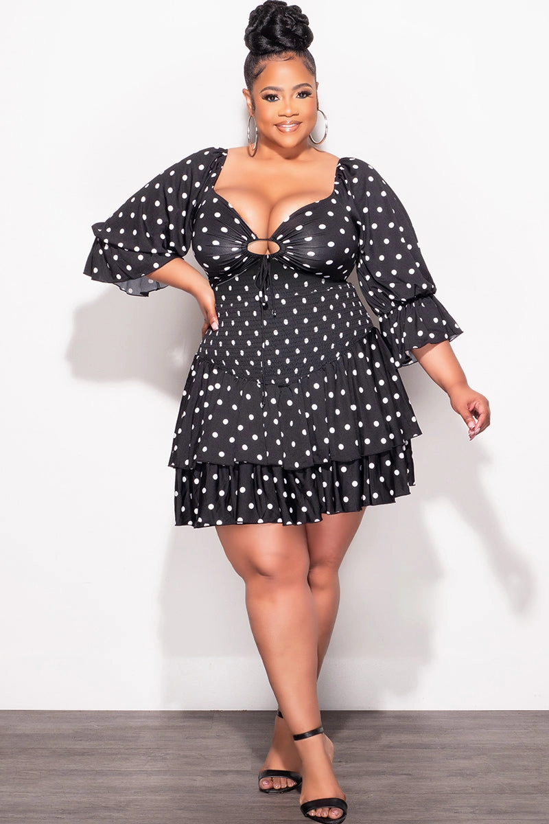 Travel Ready Fit Final Sale Plus Size 2pc Set Off the Shoulder Crop Tie Top and Ruffle Layered Hem Mini Skirt in Black & White Polka Dot