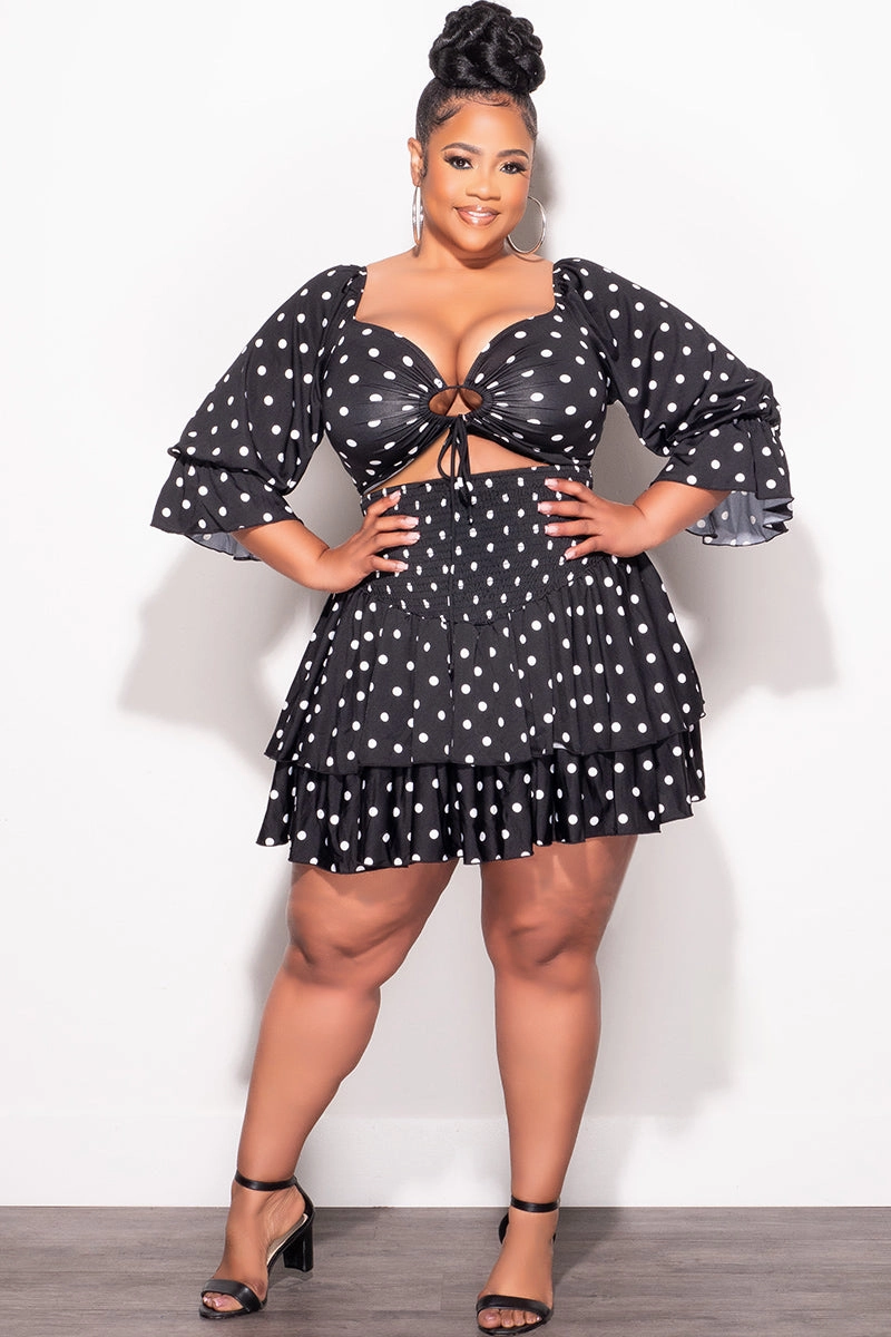 Fashion Comfort Wear Distressed finish Final Sale Plus Size 2pc Set Off the Shoulder Crop Tie Top and Ruffle Layered Hem Mini Skirt in Black & White Polka Dot