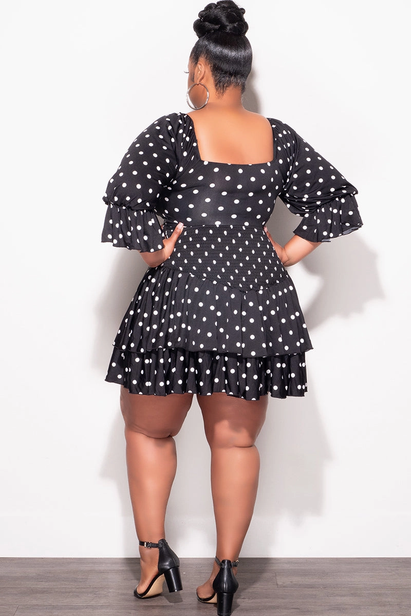EcoFriendlyBlend Thermal Regulating Fabric Final Sale Plus Size 2pc Set Off the Shoulder Crop Tie Top and Ruffle Layered Hem Mini Skirt in Black & White Polka Dot