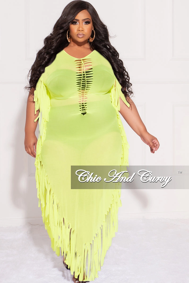 Final Sale Plus Size Mesh Cover-Up Dress with Cutout Front and Fringe Trim in Neon Green Smart Layer