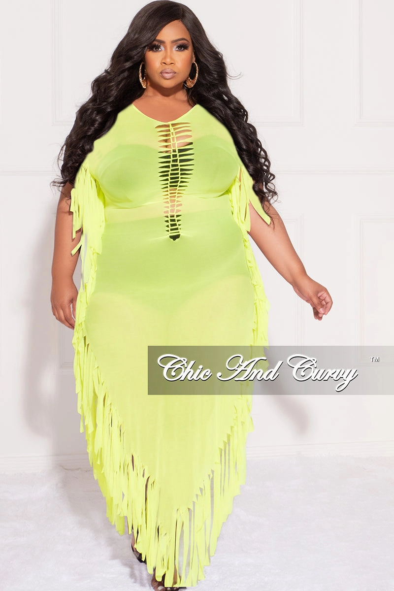 Urban Edge Final Sale Plus Size Mesh Cover-Up Dress with Cutout Front and Fringe Trim in Neon Green