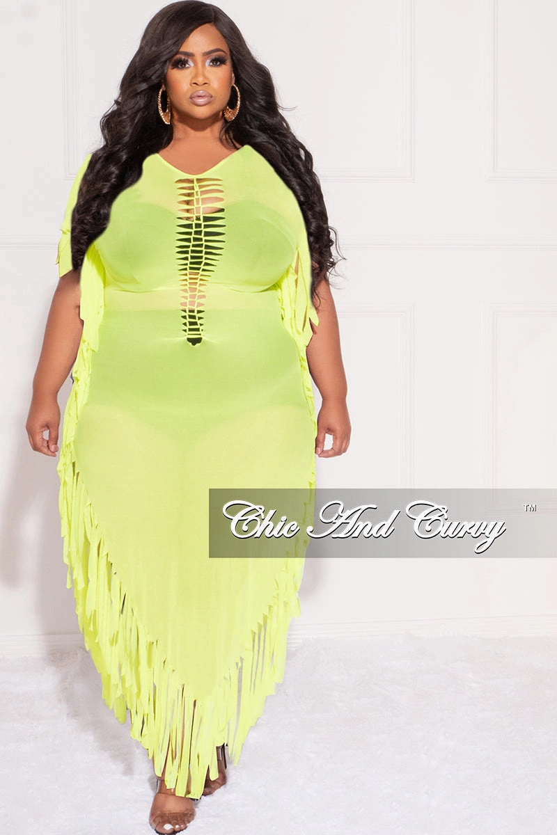 Final Sale Plus Size Mesh Cover-Up Dress with Cutout Front and Fringe Trim in Neon Green Versatile Fit Day To Night