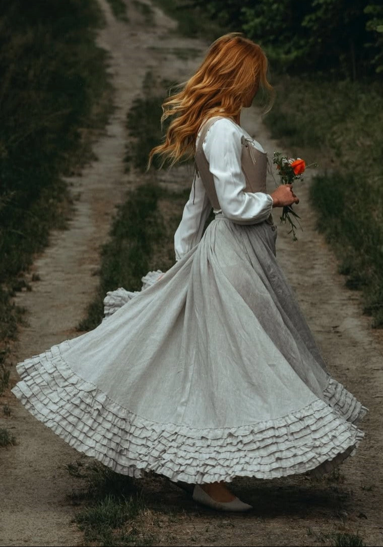 Dorothy 27 | Ruffled maxi linen skirt Flexible Rib Trimming