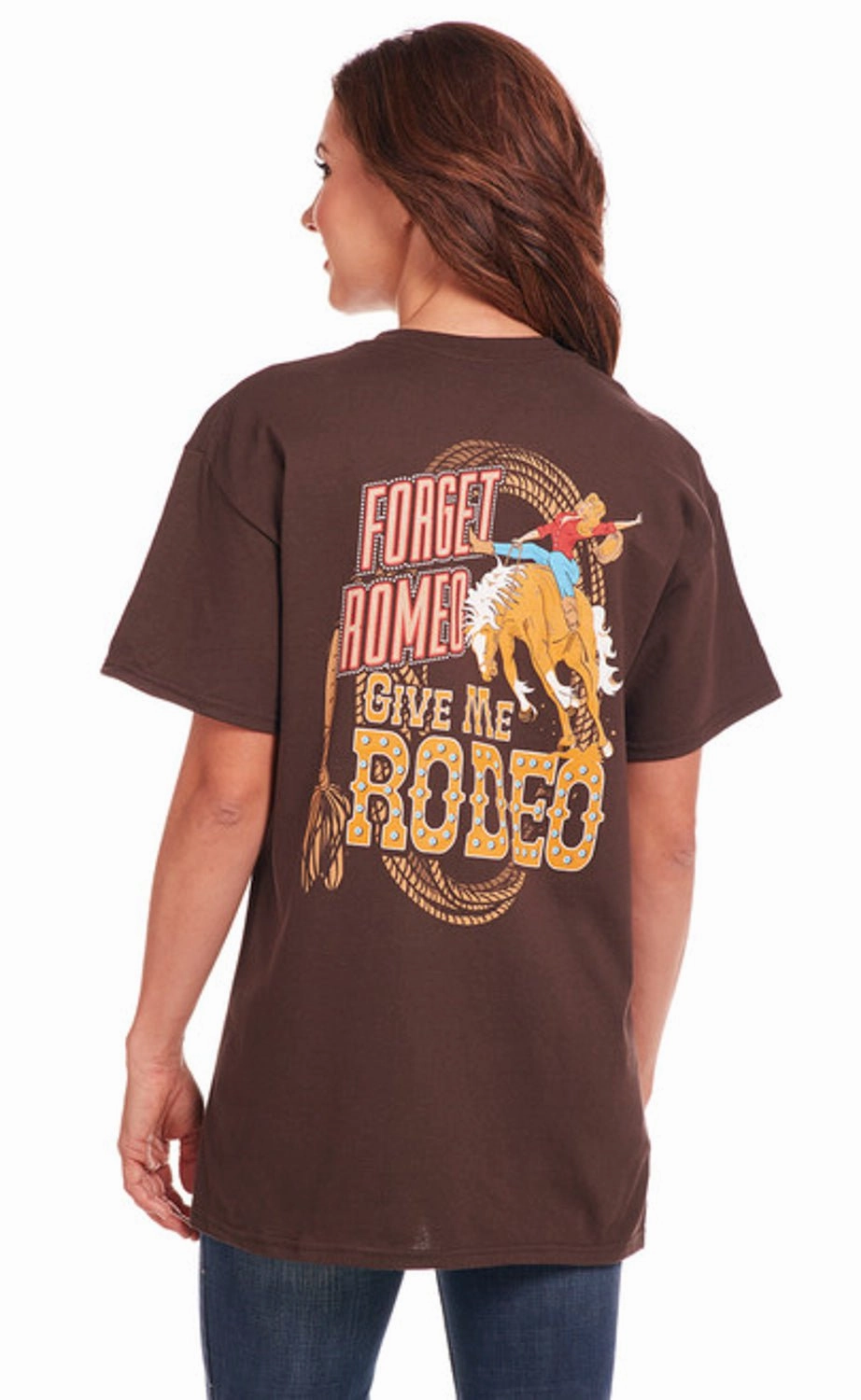 Cowgirl Up Womens Give Me Rodeo Boyfriend Chocolate 100% Cotton S/S T-Shirt Tagless Labeling Unique Design