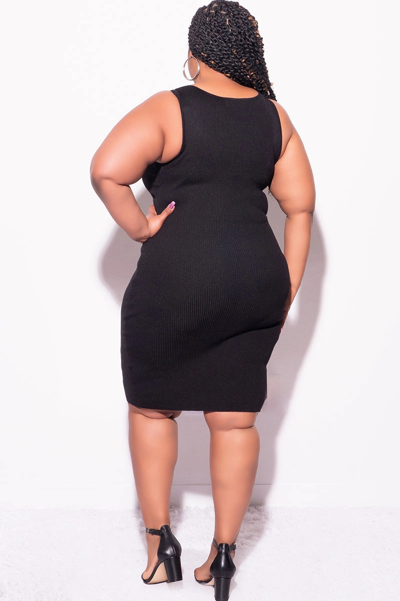 Street Ready Final Sale Plus Size Sleeveless Tank Ribbed Bodycon Dress Lace Up Detail in Black