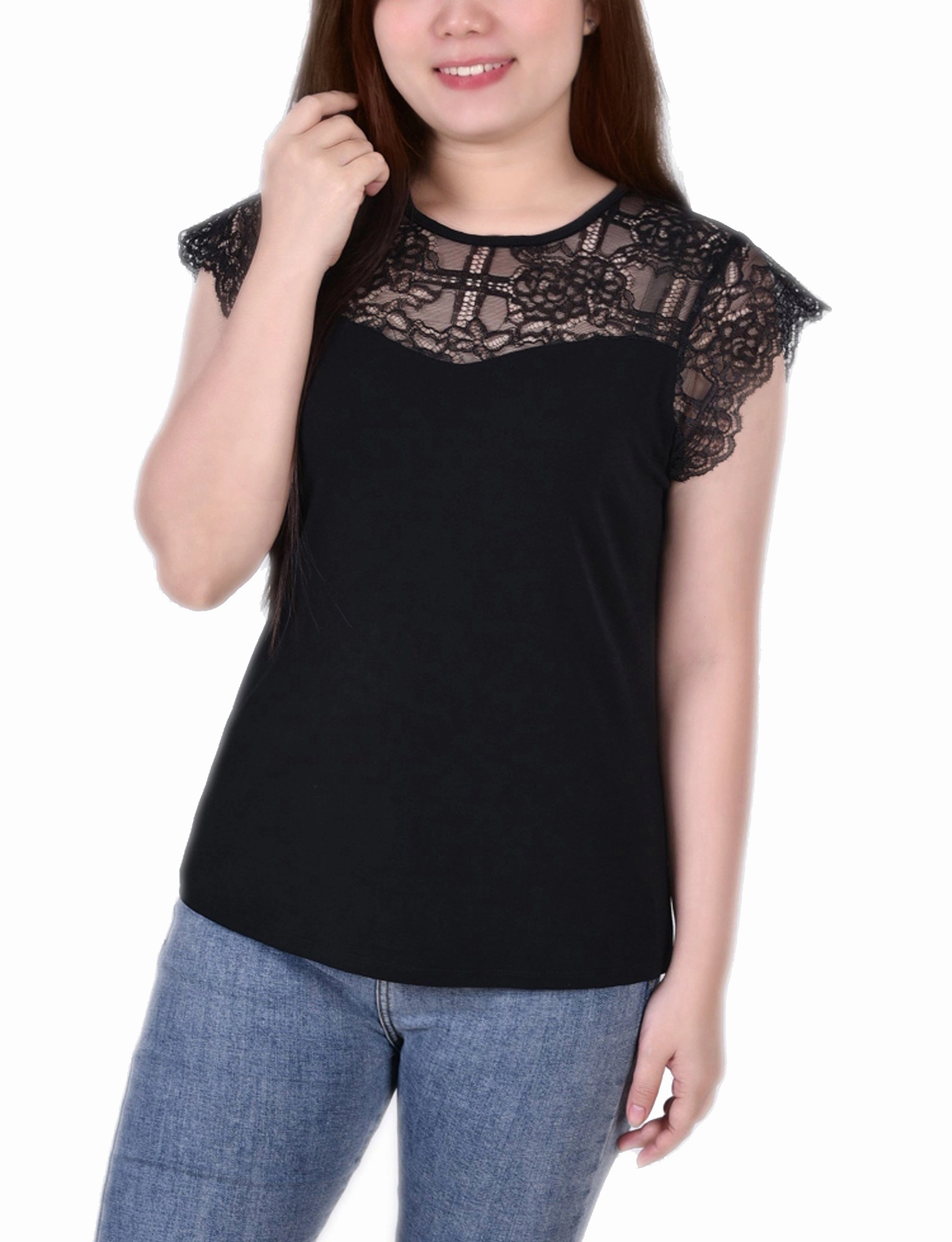 RecycledPolyester StretchTechnology Crepe Knit Top With Lace Flanged Sleeve and Yoke
