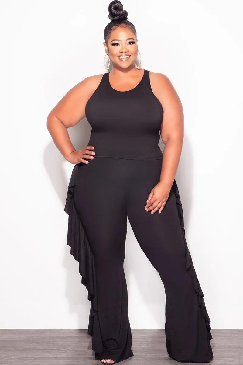 Final Sale Plus Size 2pc Sleeveless Crop Top and Ruffle Trim Pants in Black QuickDryTech