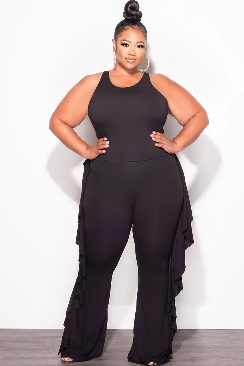 Urban Comfort Breathable activewear Final Sale Plus Size 2pc Sleeveless Crop Top and Ruffle Trim Pants in Black