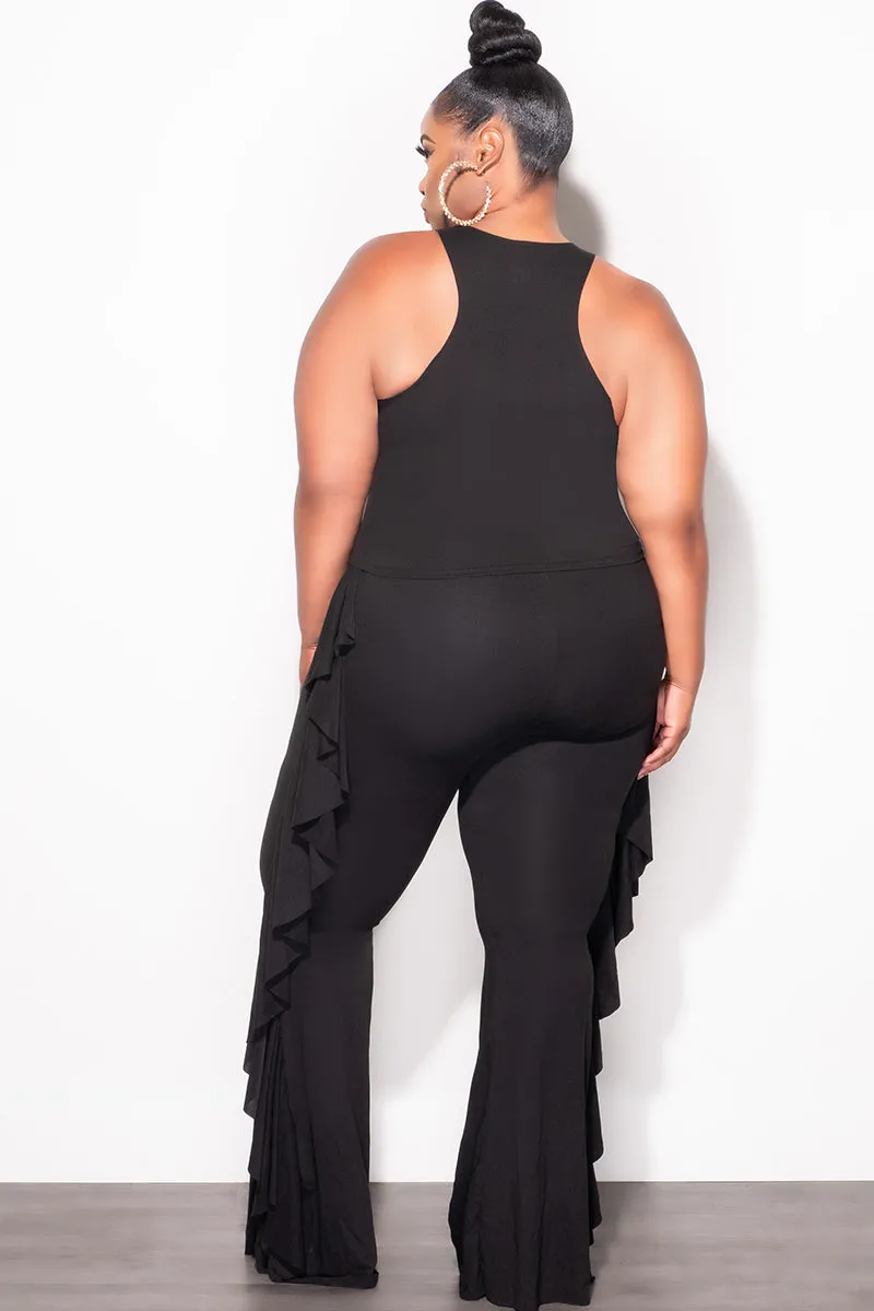 No Chafe Utility Fit Final Sale Plus Size 2pc Sleeveless Crop Top and Ruffle Trim Pants in Black
