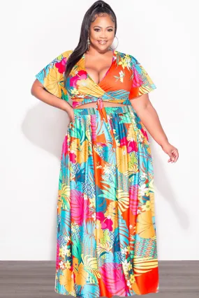 Final Sale Plus Size 2pc (Faux Wrap Crop Tie Top & Skirt) Set in Orange and Fuchsia Multi Color Floral Print Comfortable Movement Everyday Comfort Fit