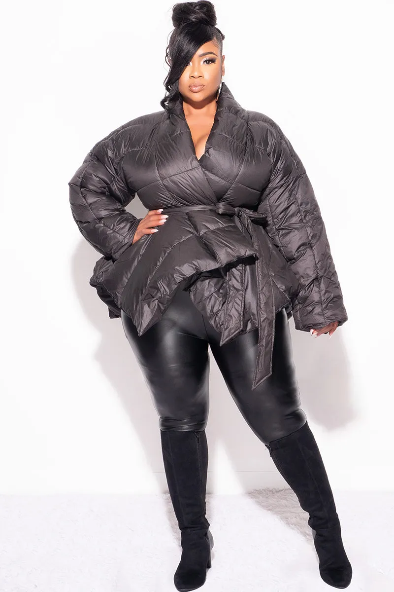 Final Sale Plus Size Belted Puffer Jacket in Black Flexible Ankle Cuffs