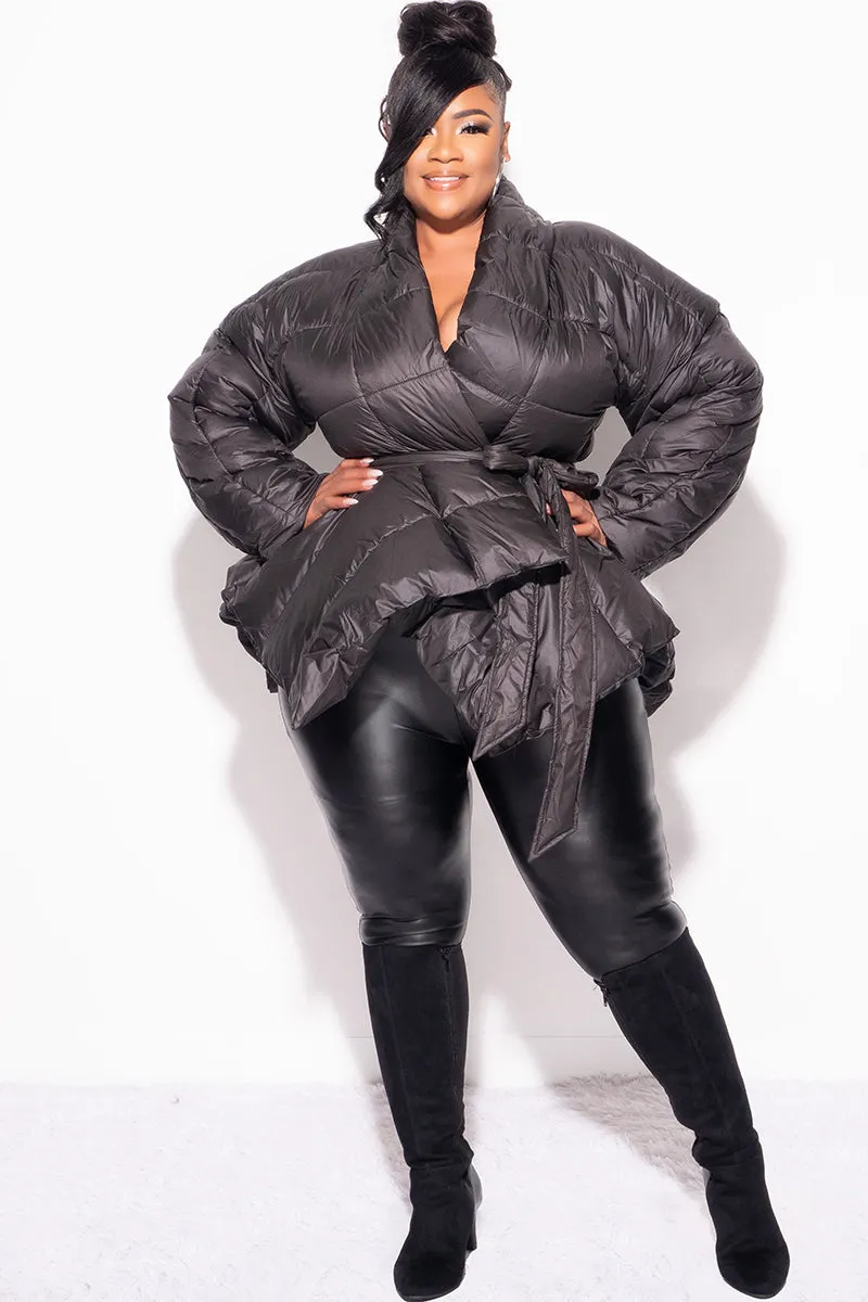 Final Sale Plus Size Belted Puffer Jacket in Black Flexible Knees Essential Wear