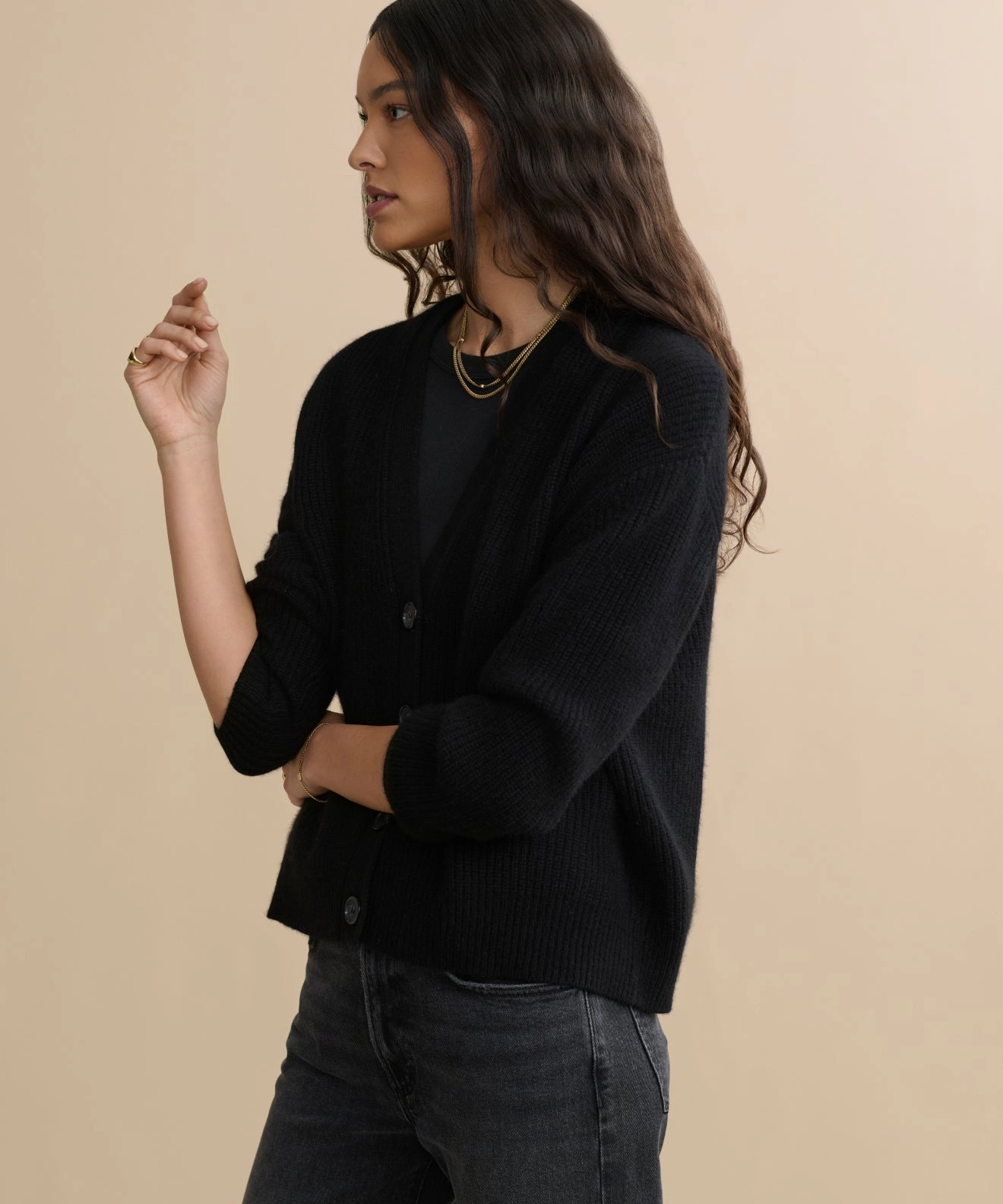 Ribbed Collar Detail Cropped Cashmere Cocoon Cardigan