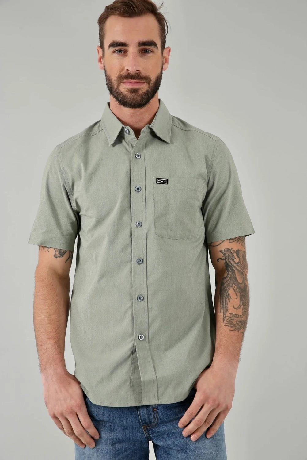 Kimes Ranch Mens Linville Solid Sage Cotton Blend S/S Shirt Sustainable Choice Contemporary Design