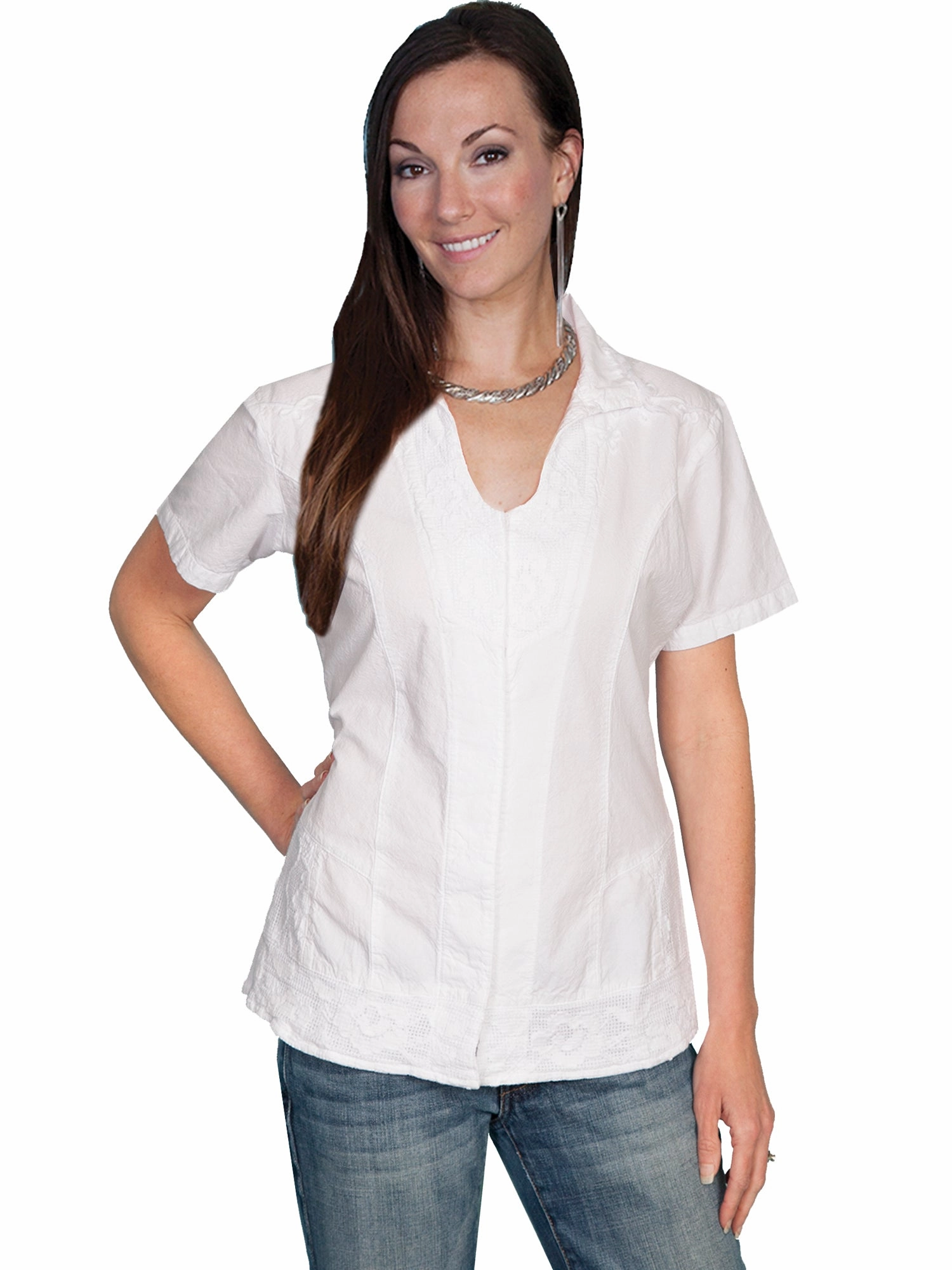 Smooth Zipper Design Ergonomic Back Panel Scully Womens White 100% Cotton Soutache S/S Blouse
