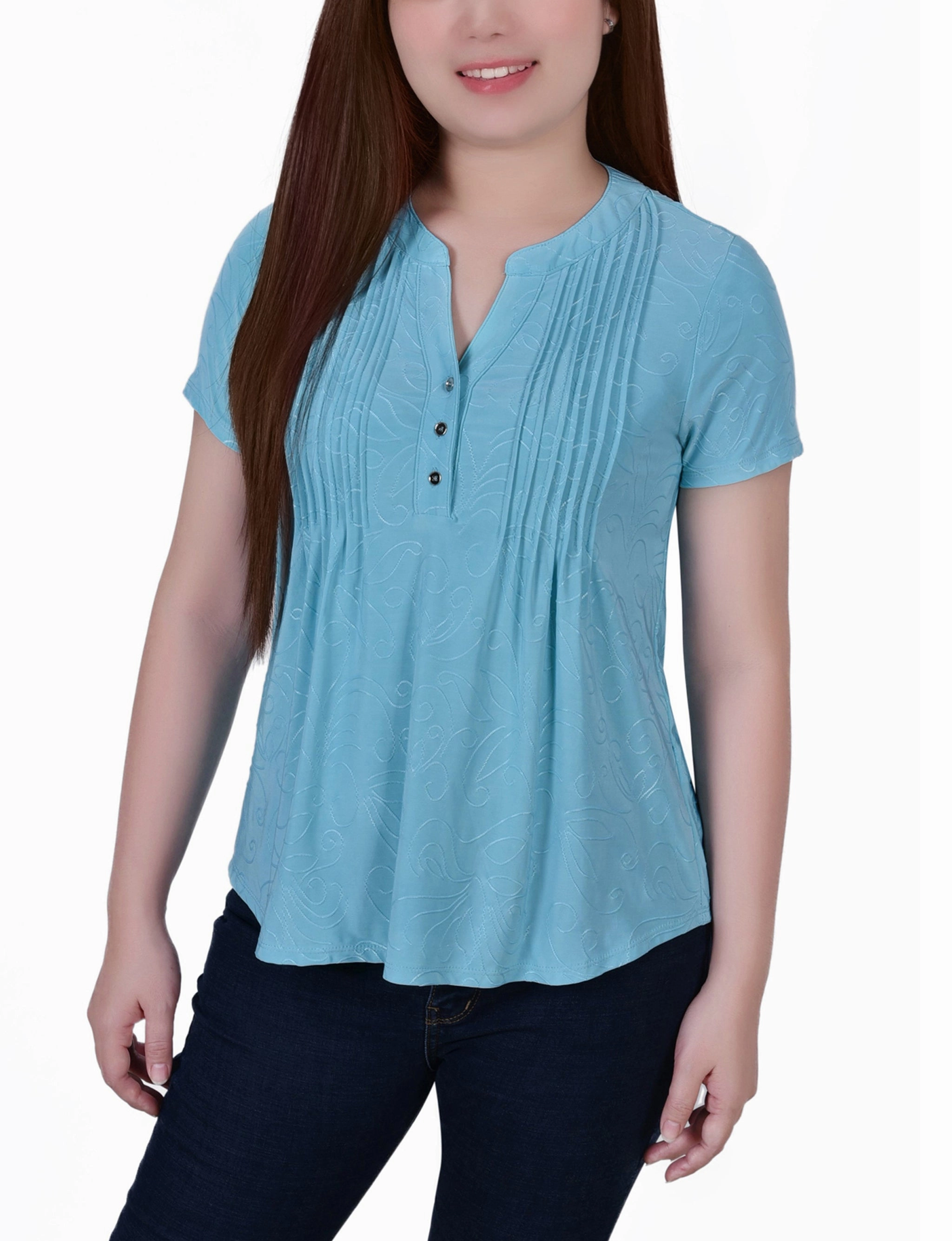 Petite Short Sleeve Y Neck Jacquard Knit Top Reflective Safety Accents StretchFabric