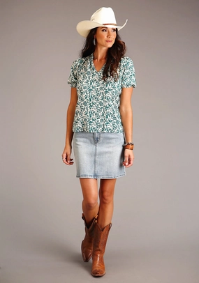 Travel-friendly Stetson Womens Floral Print Jade 100% Rayon S/S Blouse