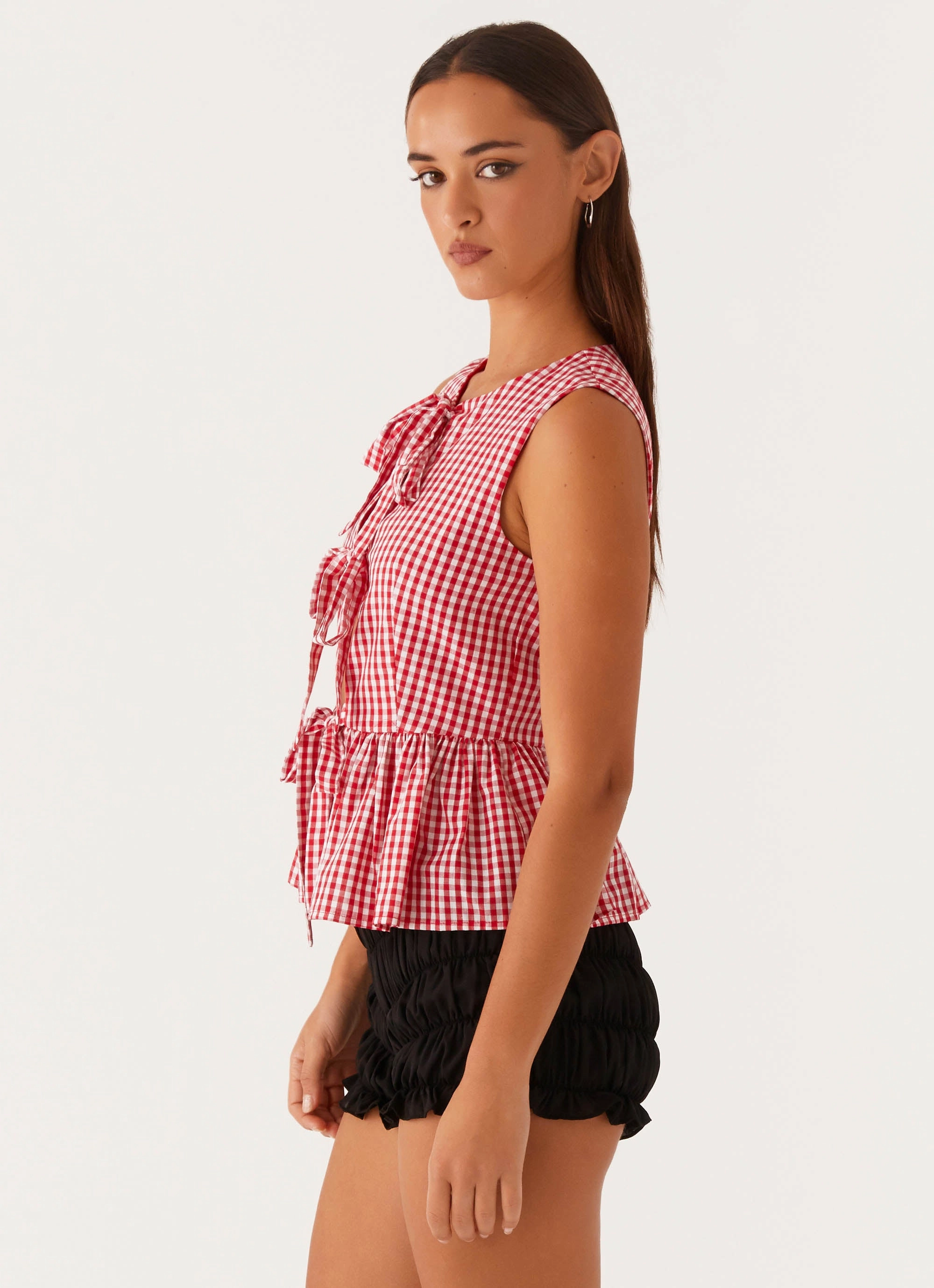 Cyrene Tie Top - Red Gingham Adjustable Cuffs