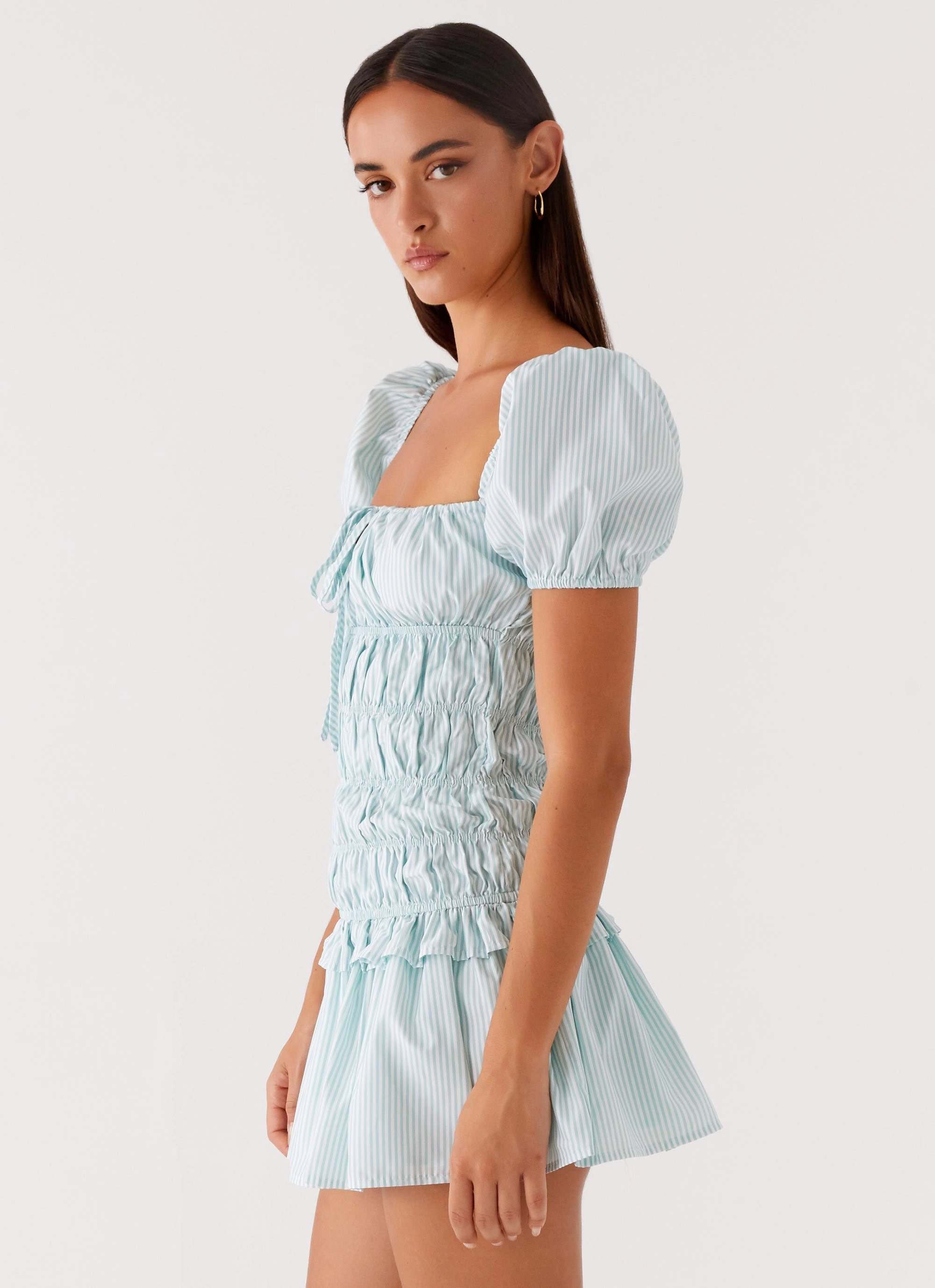 Flowing Lines Panelled-Design Yolene Mini Dress - Green Gingham