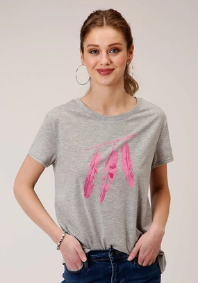 Modern Fit Roper Womens Grey Poly/Rayon Pink Feathers S/S T-Shirt