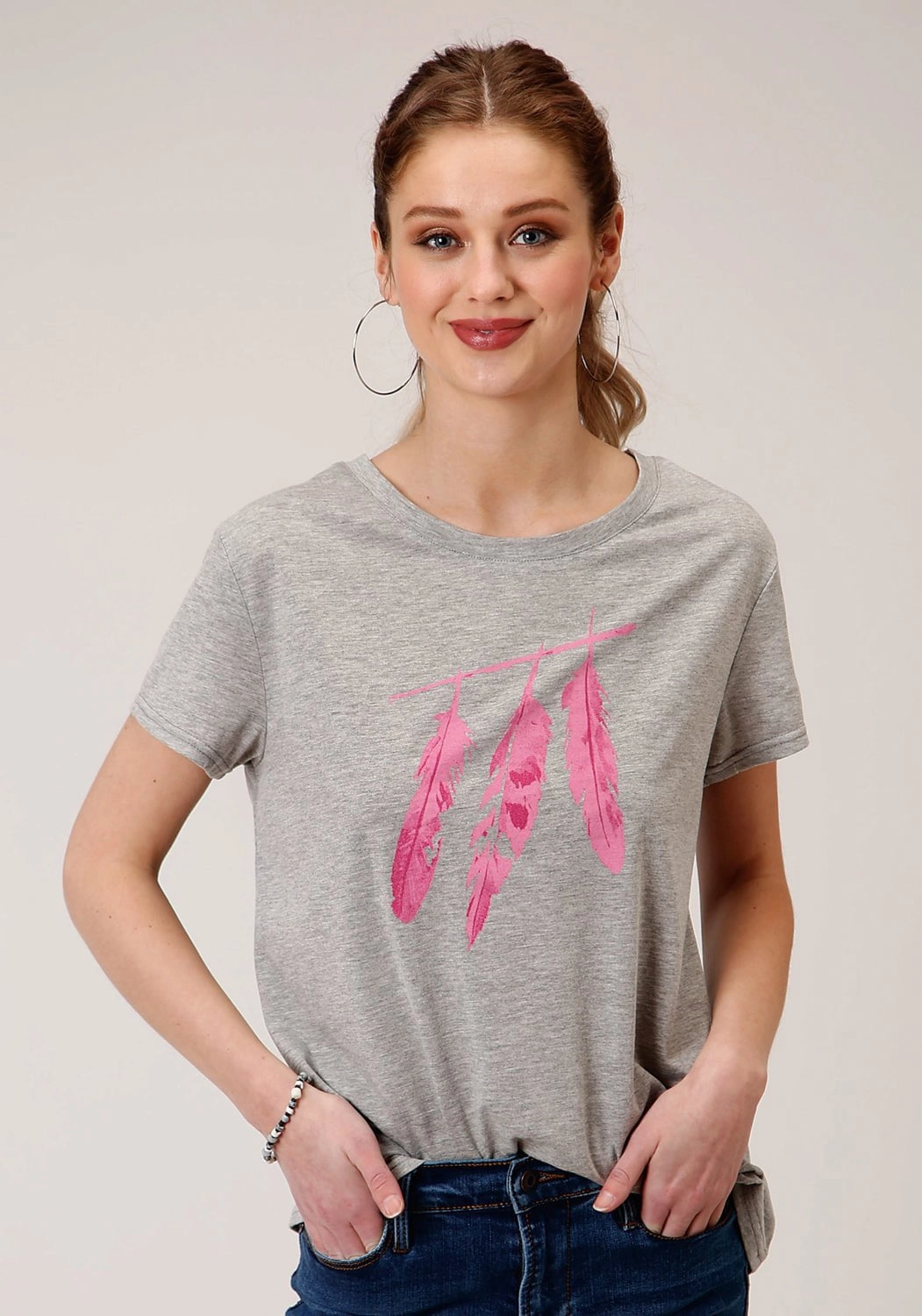 Midweight Textile Easy Styling Roper Womens Grey Poly/Rayon Pink Feathers S/S T-Shirt