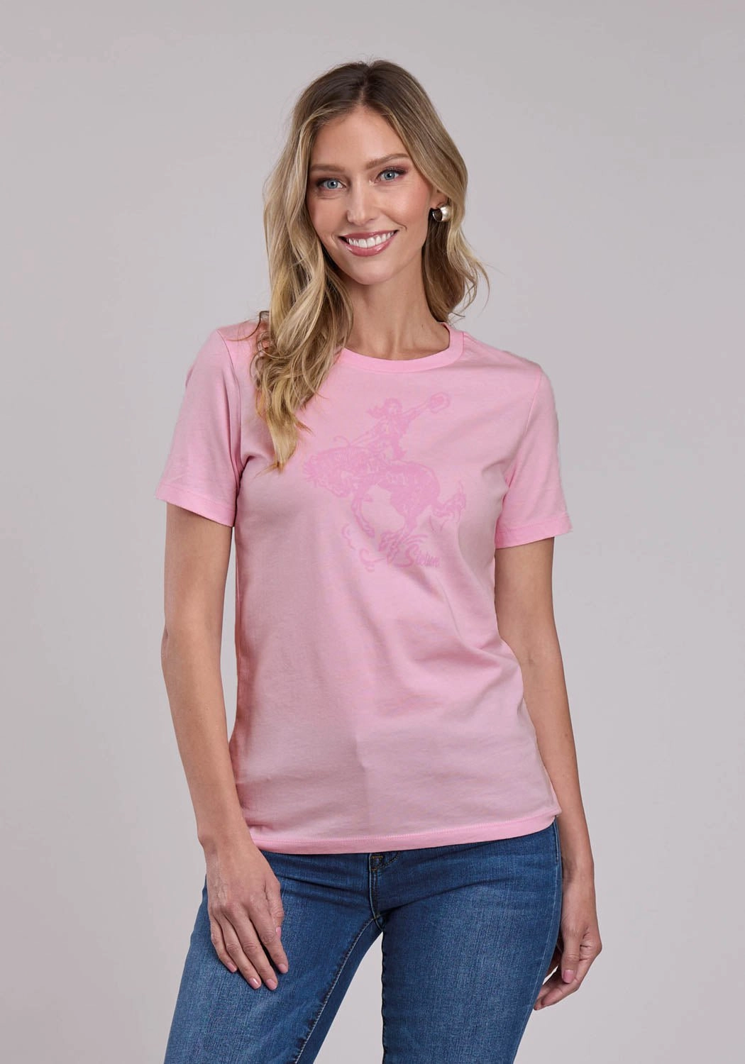 Cruise Collection Professional Look Stetson Womens Lady Bronc Rider Pink 100% Cotton S/S T-Shirt
