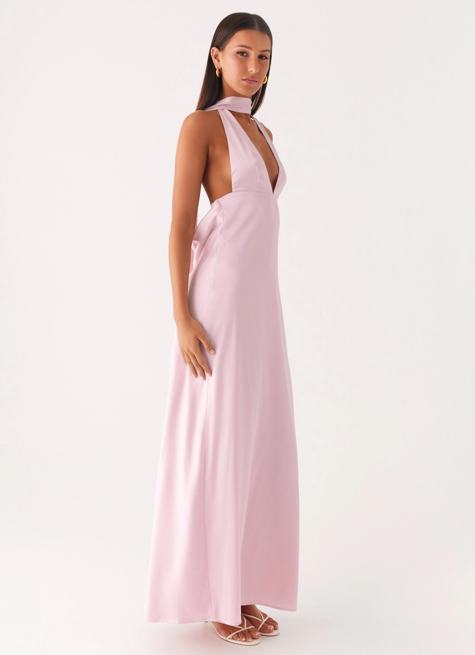Distressed Look Alicia Satin Halter Maxi Dress - Baby Pink Casual Comfort