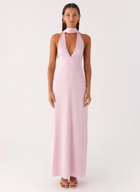 Laidback Feel Edgy Look Distressed Look Alicia Satin Halter Maxi Dress - Baby Pink