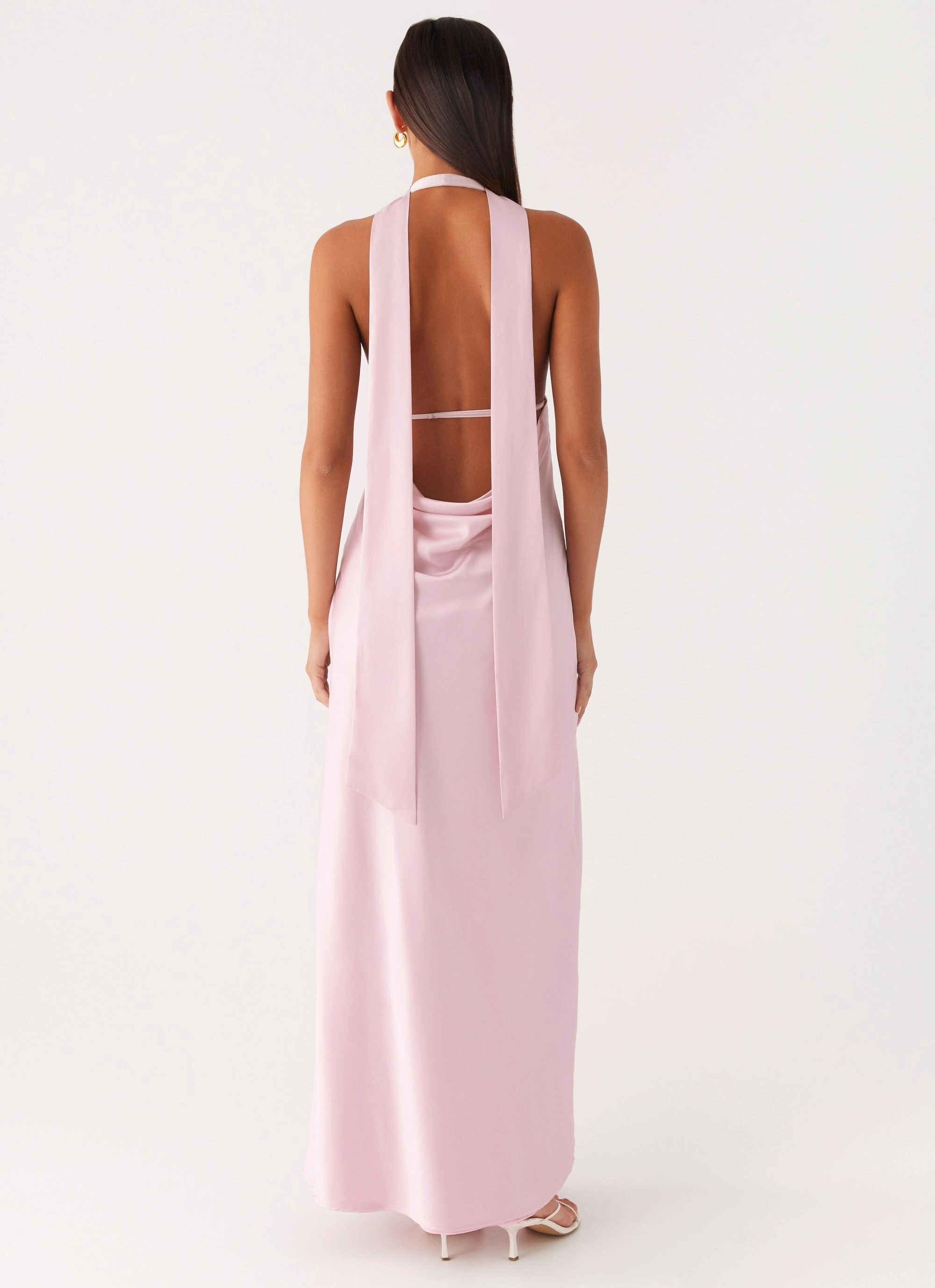 Distressed Look Alicia Satin Halter Maxi Dress - Baby Pink Knee Length Seamless Edging