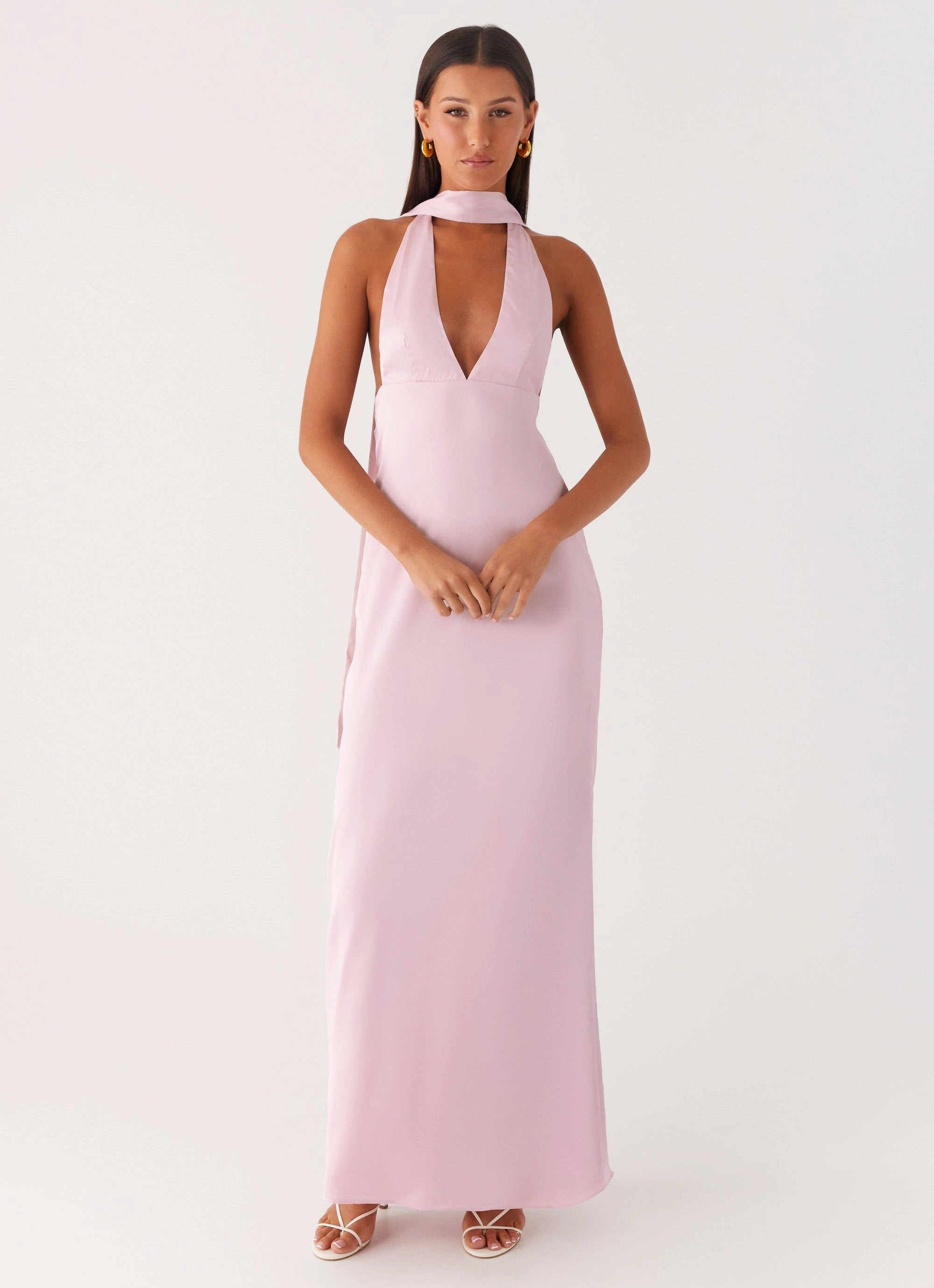 Distressed Look Alicia Satin Halter Maxi Dress - Baby Pink Mini length perforated design