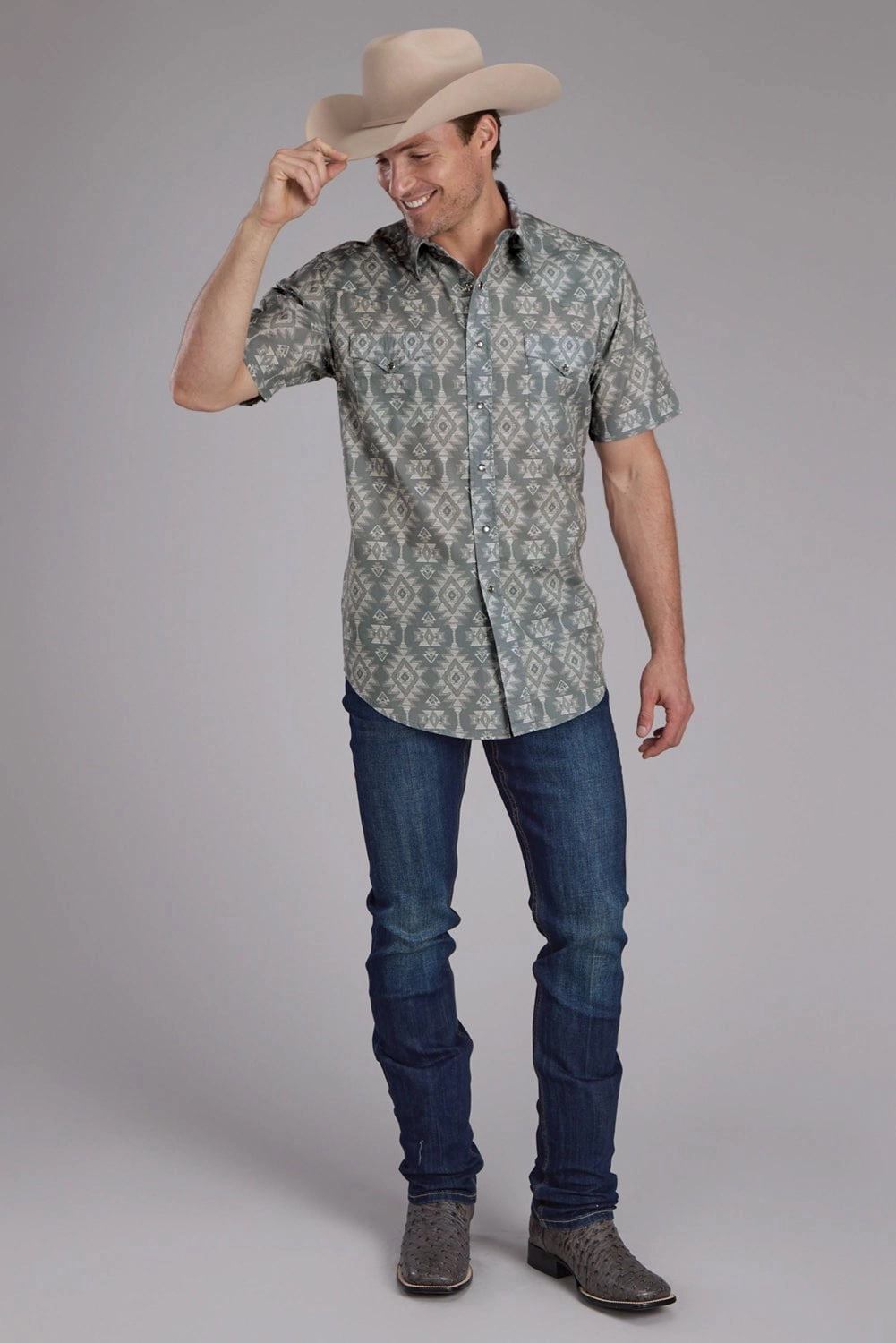 Summer Outfit Vintage Style Roper Mens Horizontal Scribble Aztec Grey 100% Cotton S/S Shirt