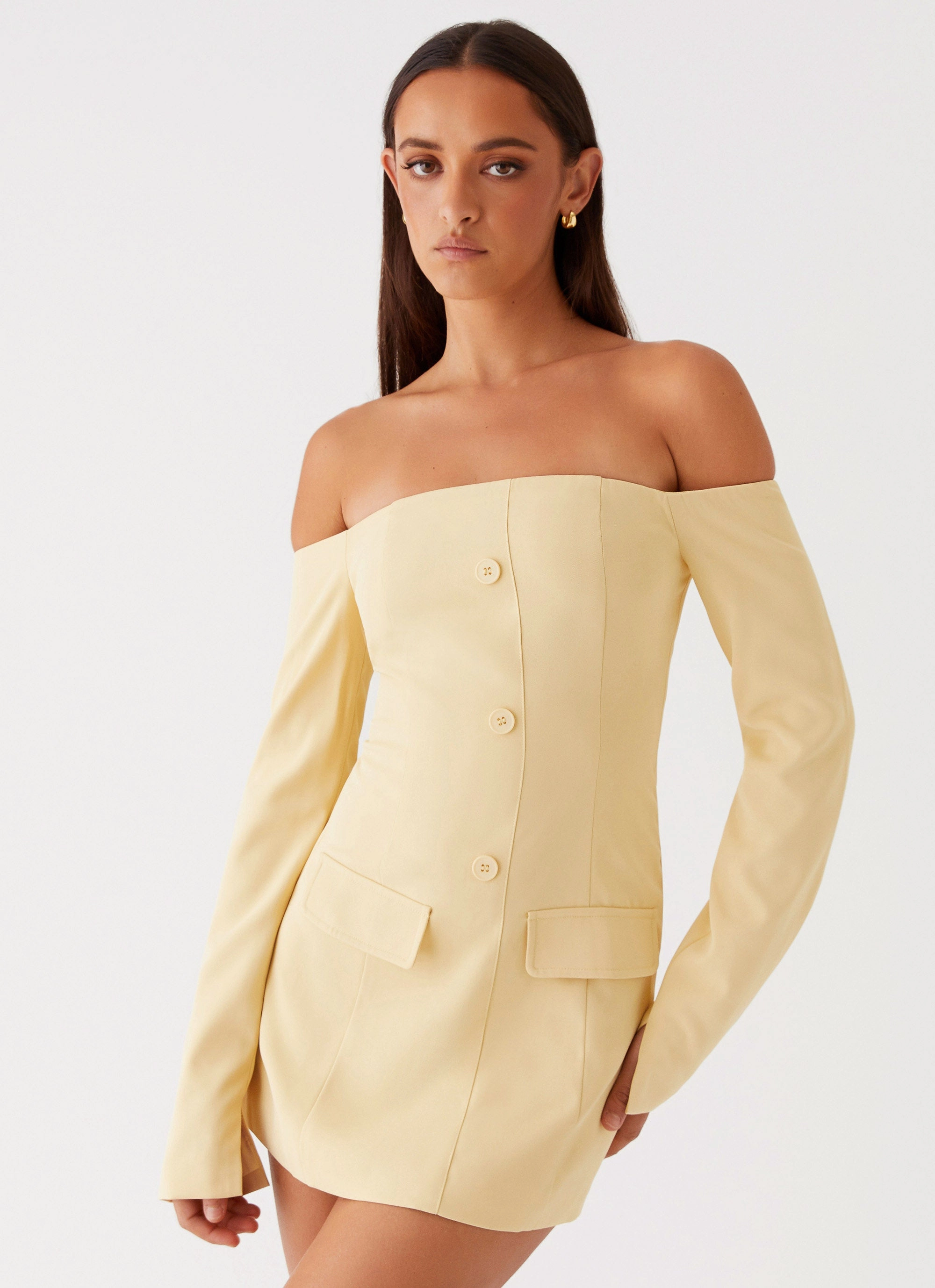 Side Slit Office Shape Dominique Blazer Mini Dress - Yellow