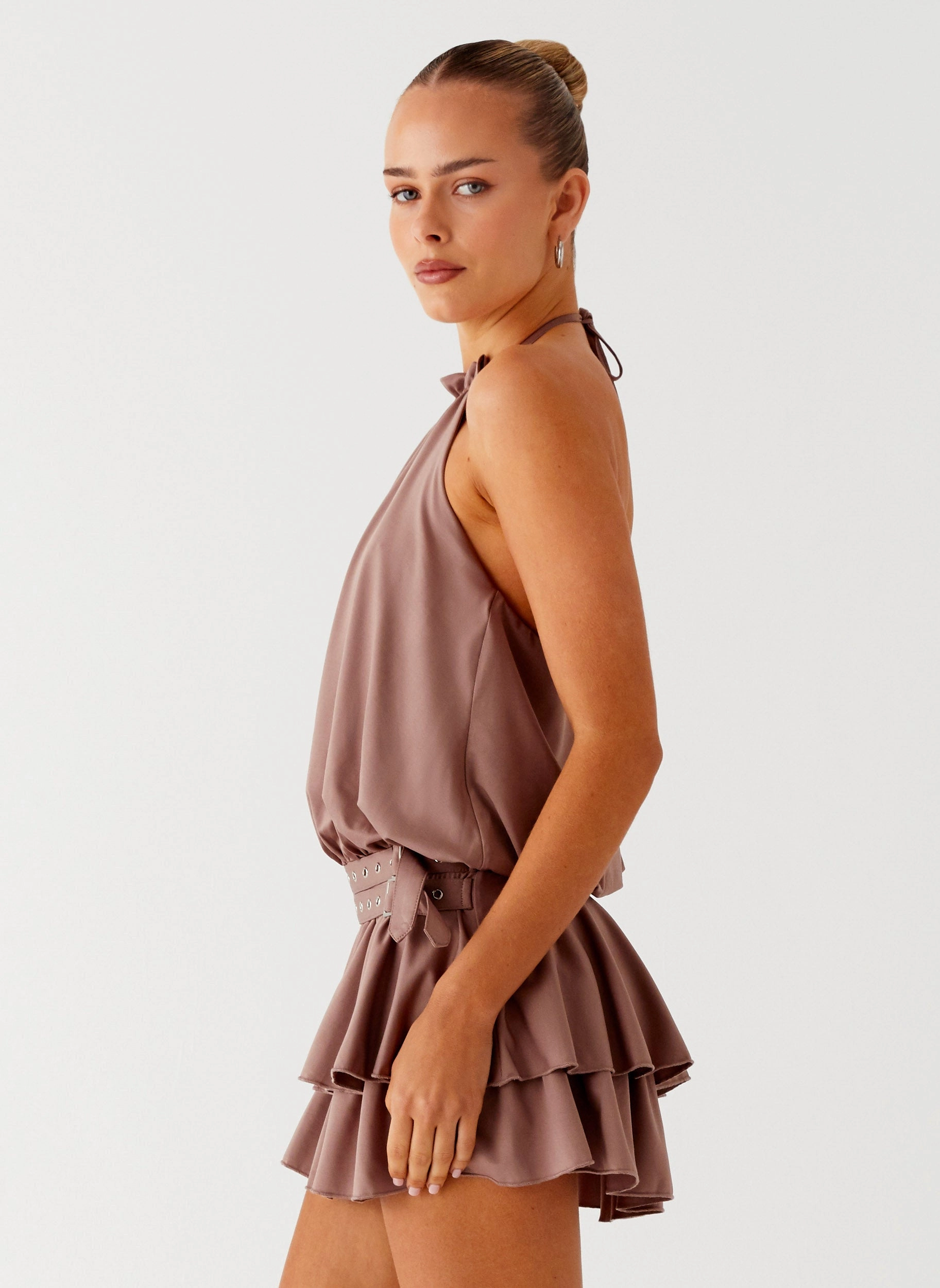 Dopamine Belt Mini Dress - Taupe Effortless Silhouette Cuffed hem Artisanal Craft