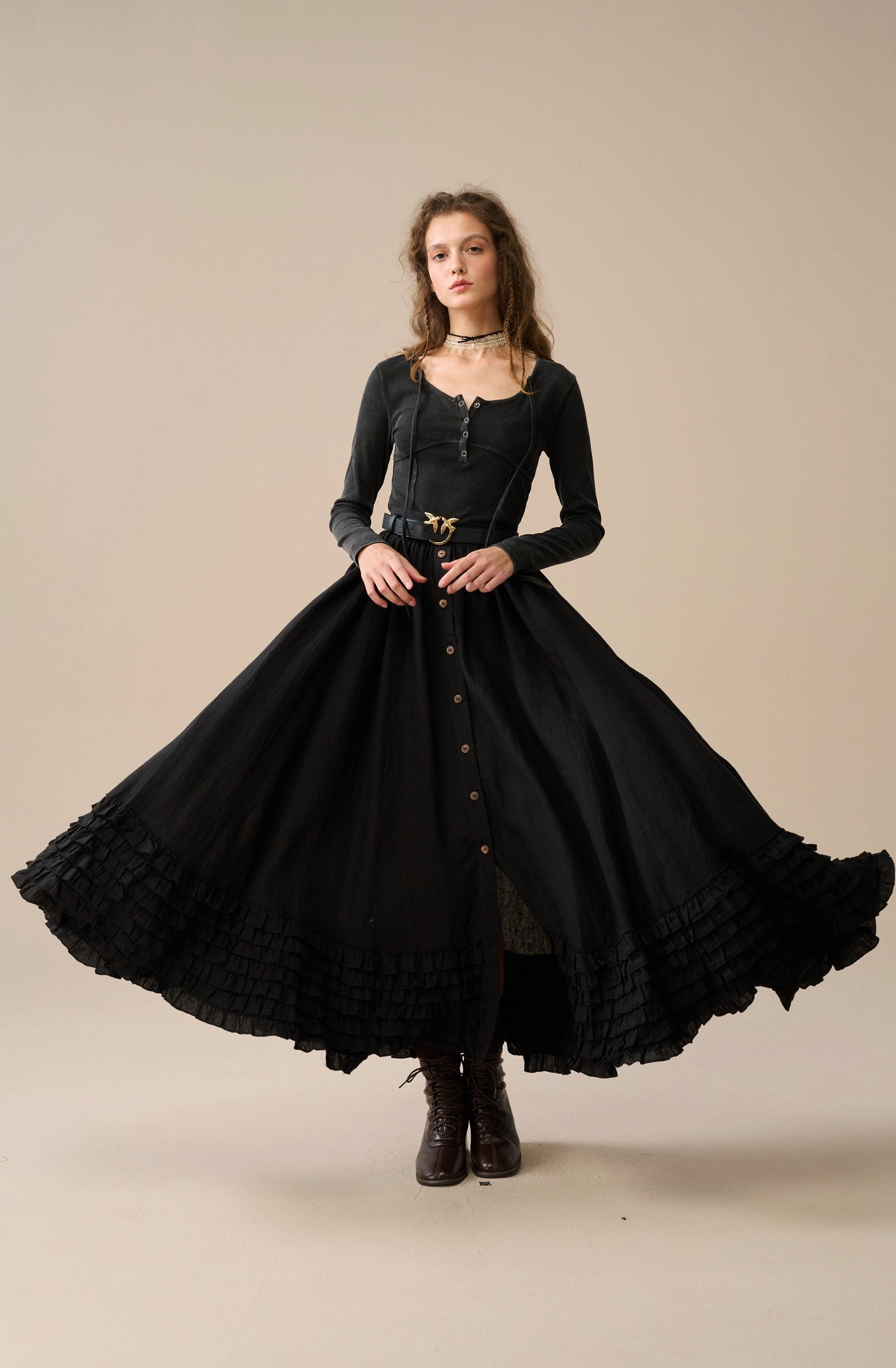 Dorothy 27 | Ruffled maxi linen skirt Work Comfort Contrast Stitch