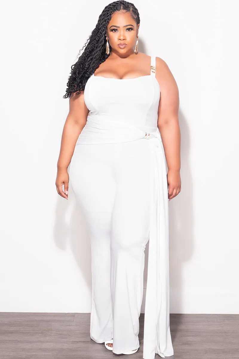 Flexible Waist Fashionable Cut Final Sale Plus Size Jumpsuit with Gold Detail and a Sash in White