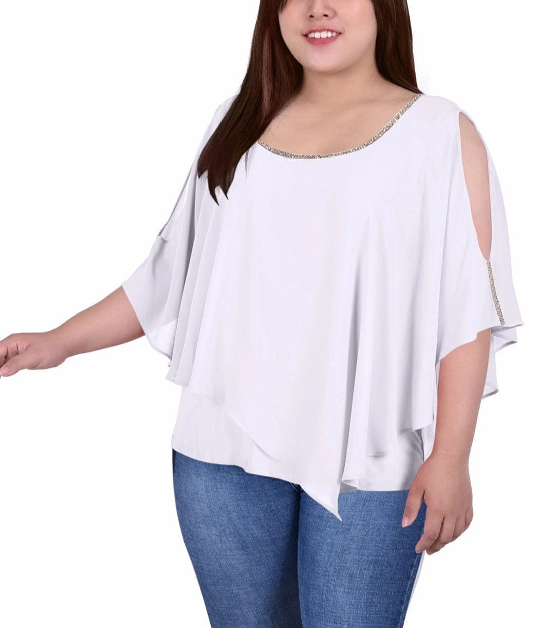 Plus Size Chiffon Poncho With Sparkle Accents Cozy Blouse