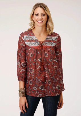 Roper Womens Rust Polyester Floral Border 3/4 Sleeve Blouse Eco-Friendly Choice